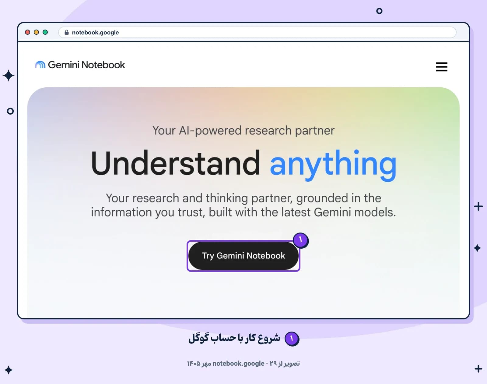 صفحهٔ اصلی Gemini Notebook (همان NotebookLM) در notebook.google؛ ۲۹ مهر ۱۴۰۵