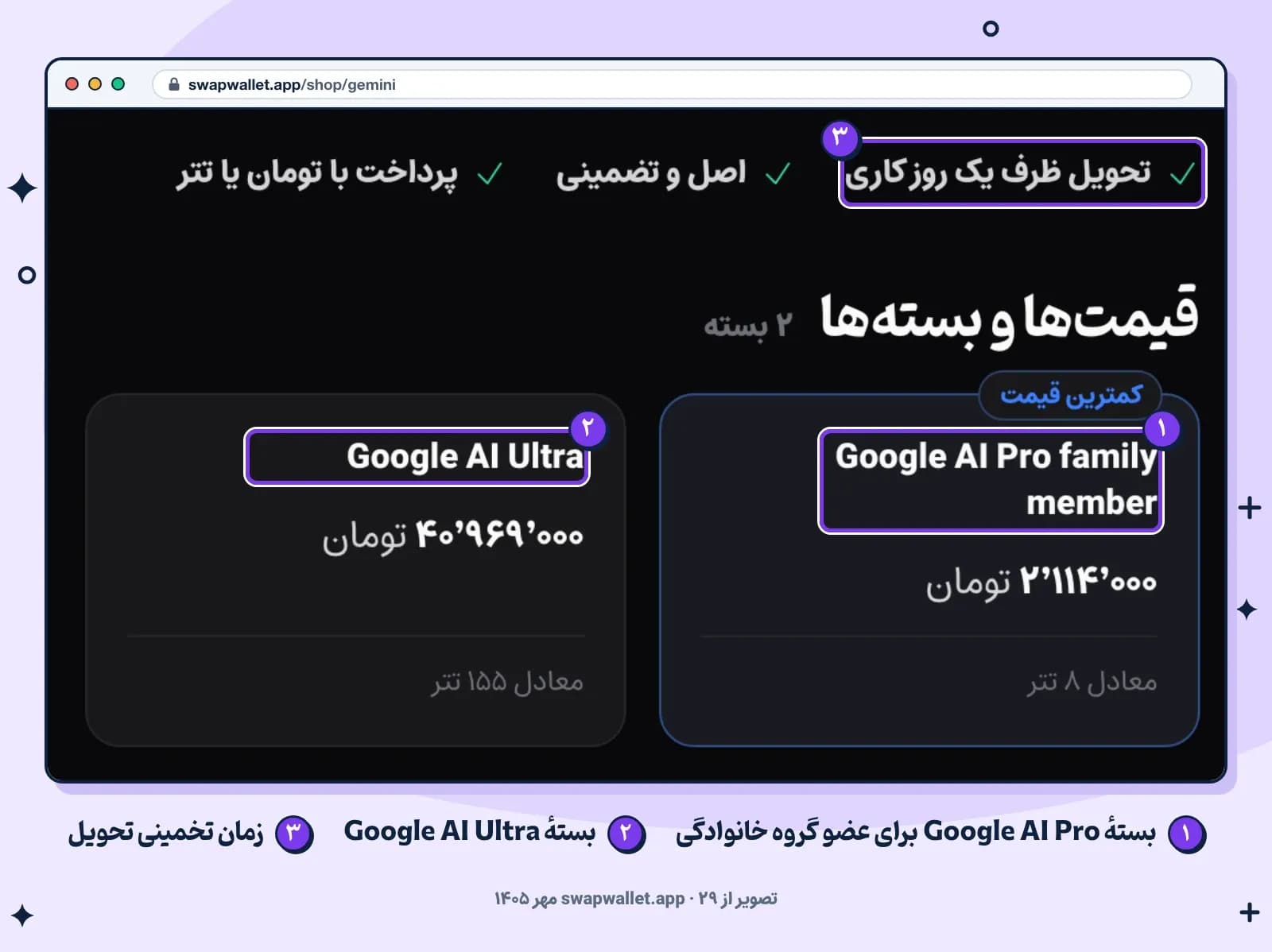 بسته‌های Google AI Pro و Google AI Ultra در صفحهٔ اشتراک Gemini سواپ‌ولت با زمان تخمینی تحویل، ۲۹ مهر ۱۴۰۵