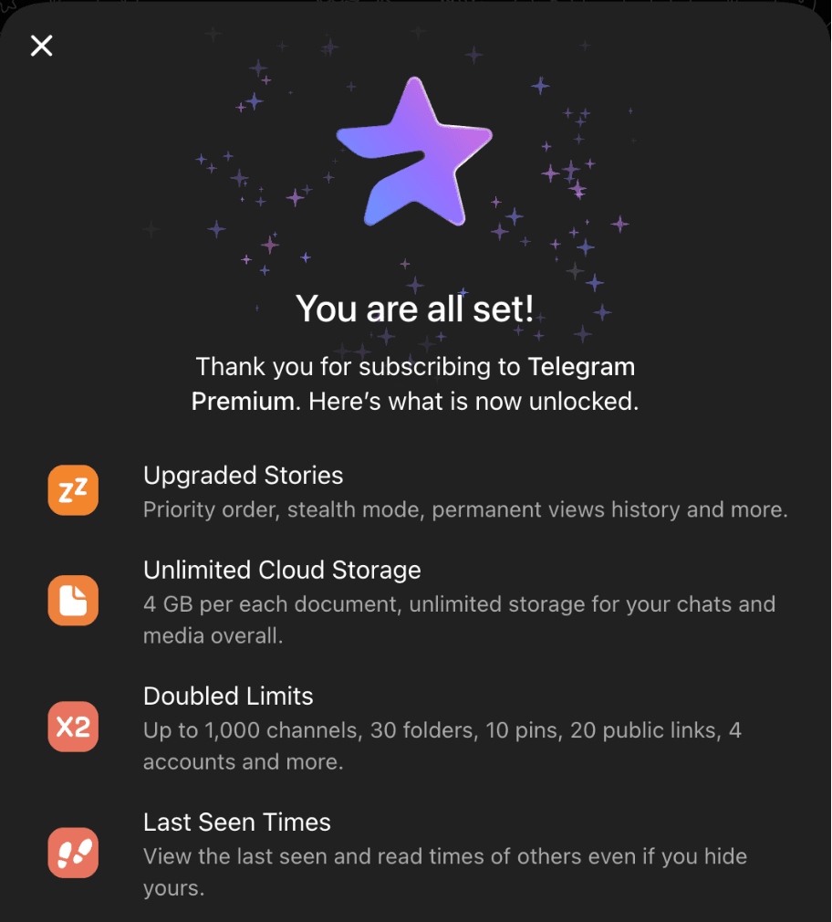 صفحهٔ Telegram Premium در تلگرام وب برای حسابی که پرمیوم فعال دارد، با پیام You are all set؛ ۲۸ مهر ۱۴۰۵
