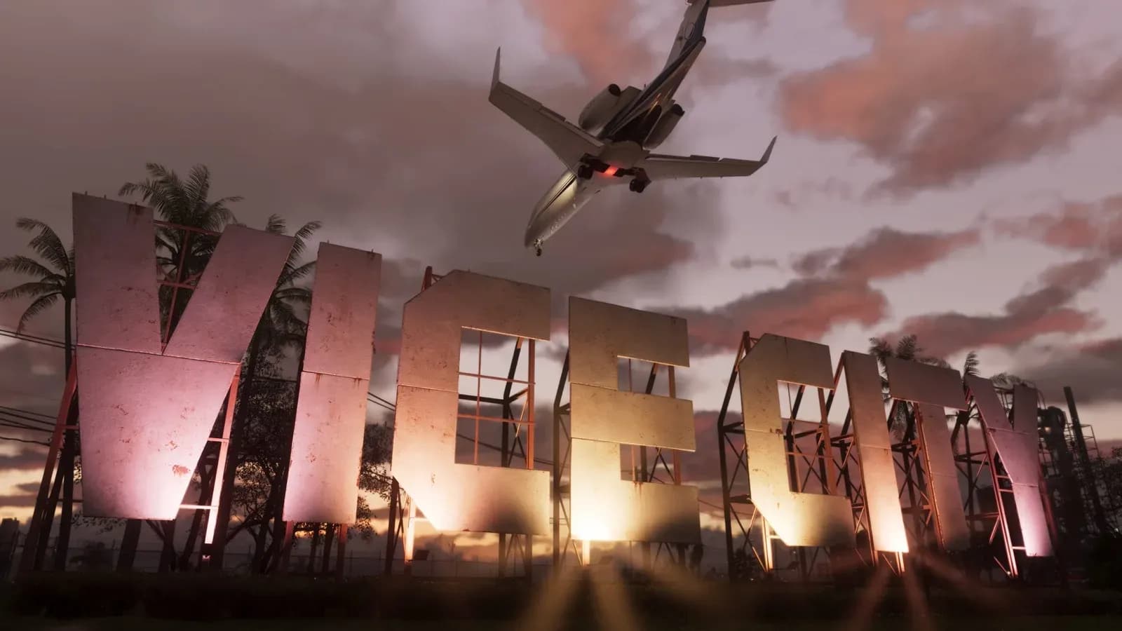 تابلوی بزرگ Vice City در غروب و هواپیمایی که از بالای آن رد میشود؛ تصویر رسمی GTA 6 از راکاستار